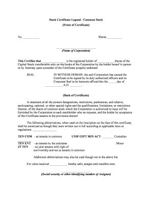 Stock Certificate Legend - Common Stock - Fill Out, Sign & Share Online ...