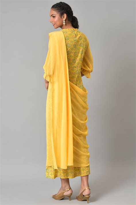 Buy Yellow Saree Dress With Georgette Puffy Sleeves Online for Woman ...