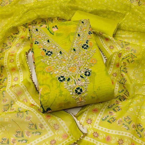 Green Chanderi Silk Dress Material With Digital Floral Print & Cording