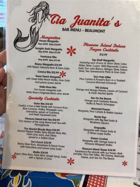 Menu at Tia Juanita's Fish Camp restaurant, Beaumont, Calder Ave