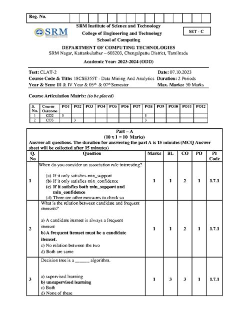 DMA CLAT2 QP SET C Answer key - Reg. No. SRM Institute of Science and ...