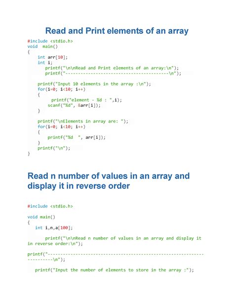 Array Programs - Read and Print elements of an array #include void main ...