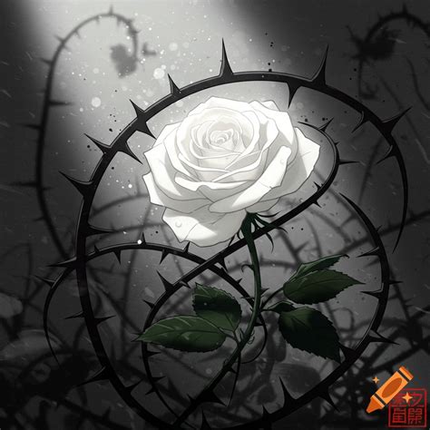 A white rose with green leaves surrounded by black thorns in a Japanese ...
