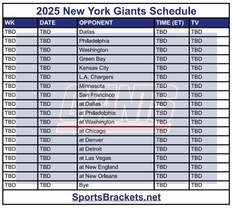 Agenda de los Gigantes de Nueva York imprimibles 2025; Enfrentamientos ...