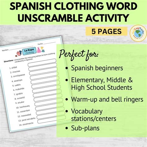 Spanish Clothes Vocabulary Word Unscramble Activity La Ropa Beginners ...