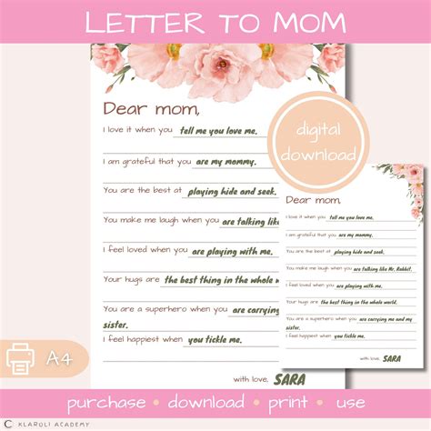 Mother's Day Letter Template, Dear Mom Printable, Personalized Letter for Mommy – Gift ...