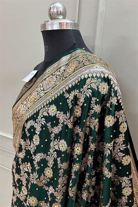 Bottle Green Moglai Jaal Stone Work Katan Banarasi Saree – Mohsin Textiles