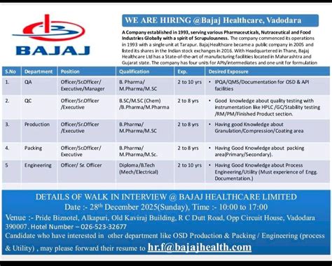 Bajaj Healthcare Limited Gujarat Walk-in Interview on 28th December ...