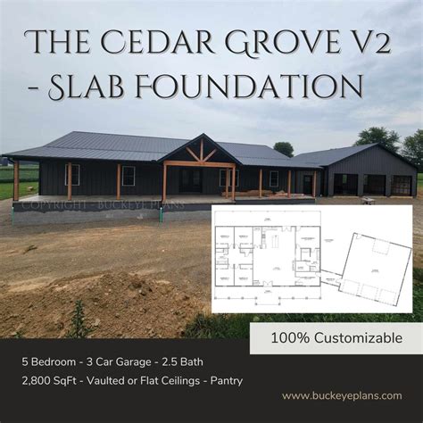 The Cedar Grove 5 Bedroom Barndominium on SLAB FOUNDATION - FULL Plans ...
