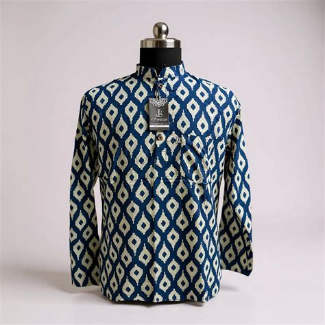 Navy Ikat Printed Full Sleeves Short Kurta for Men – Jaipuri Stitch