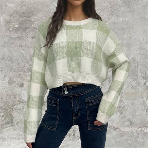 Amidoa Green Womens Sweaters Long Sleeve Crop Fall Light Winter Plaid ...