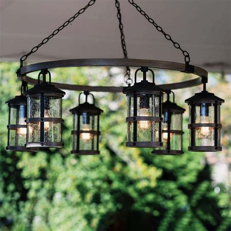 Lakehouse 6 Light Outdoor Porch Chandelier Zinc Seeded Glass
