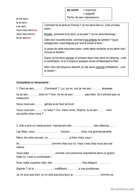 Se sentir : paler de ses impressions…: English ESL worksheets pdf & doc