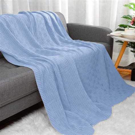 PiccoCasa 100% Cotton Knitted Throw Blanket for Sofa, Light Blue 47x70 ...