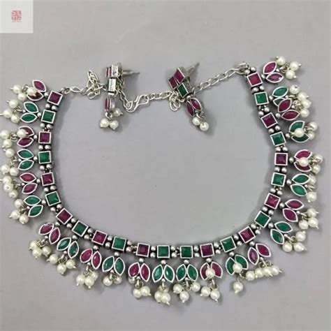 Red and Green Stones German Silver Necklace Sets - Supermacchi ...