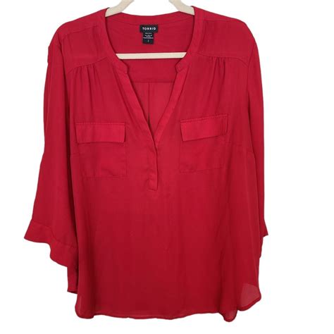 Torrid Red Blouse Plus Size Tops 3/4 Sleeves Pullover V-Neck Pockets ...