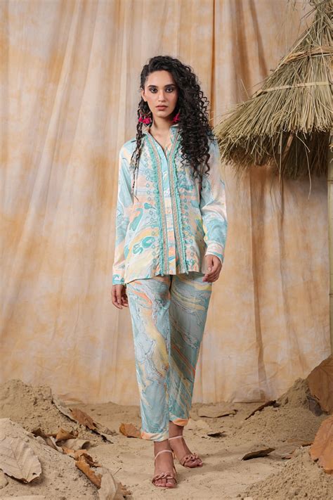 Turquoise Color Embroidered Muslin Co-Ord Set – Kaftanize