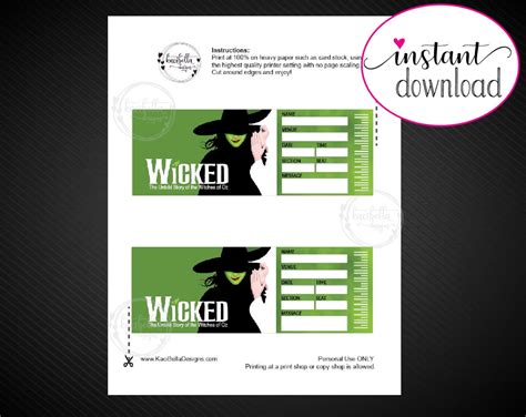 Printable WICKED Broadway Surprise Ticket. Editable Musical Theatre ...