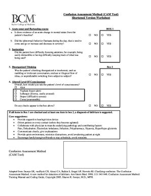 Confusion Assessment Method (CAM Tool) Worksheet - Blank Fillable ...