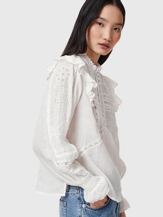 AllSaints Heather Embroidered Ramie Lace Top, Chalk White