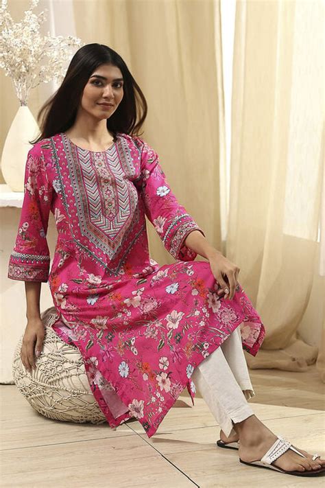 Buy Pink Pure Cotton Floral Straight Kurta Online at Biba Global