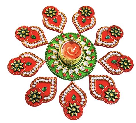 Buy Moira® Rangoli with Diya 11 pcs Set (Red & Green) 10-11 inch ...
