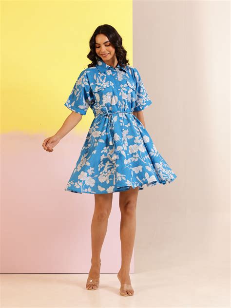 Blue Cotton Shirt Collar Printed Dress for Women