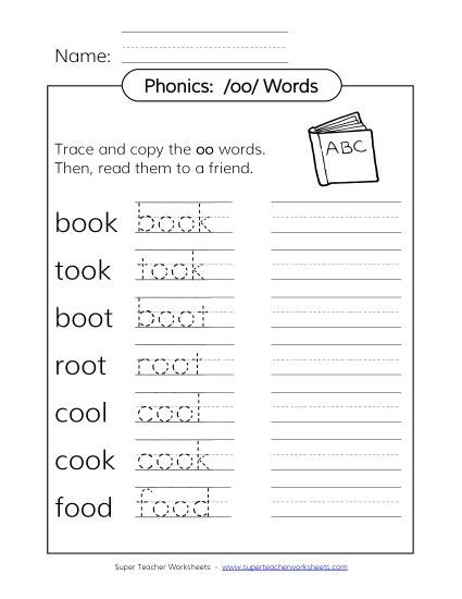 Word Copy (OO Words) Printable Phonics Oo Wordcopy PDF Worksheet for Kids