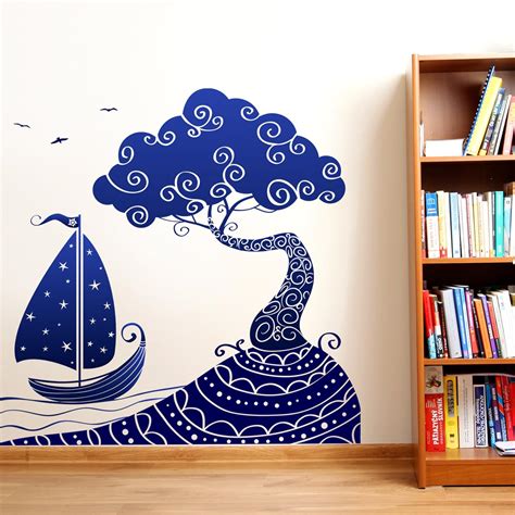 Buy Decals Design Tree with Boat Artistic Blue Color Design for Home ...