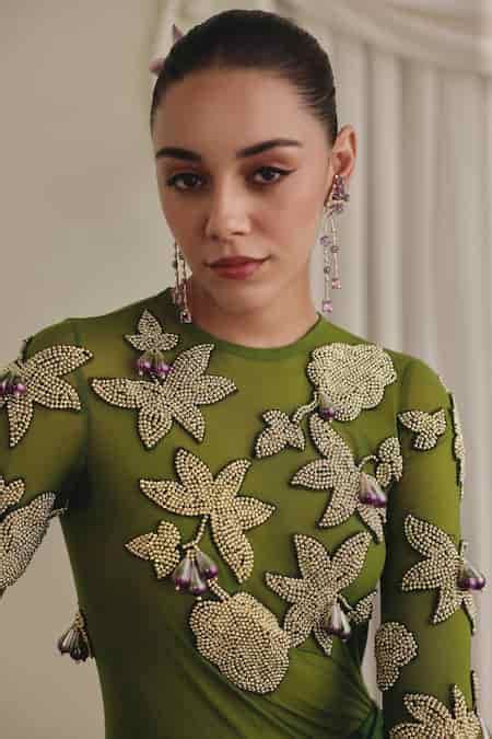 Buy Olive Green Net, Satin Applique High Neck Mulberry Bodysuit And ...