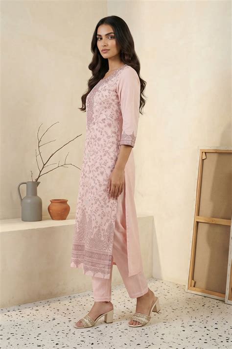 Buy Pink Floral Printed Cotton Blend Straight Kurta with Trouser and ...