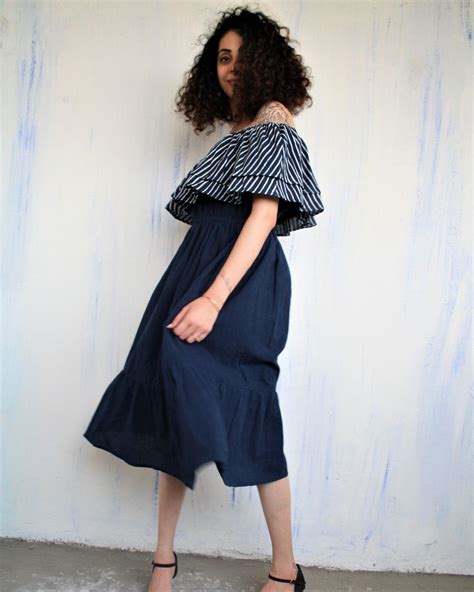 Buy Blue Off Shoulder Blockprinted Cotton Dress | Dresses long women