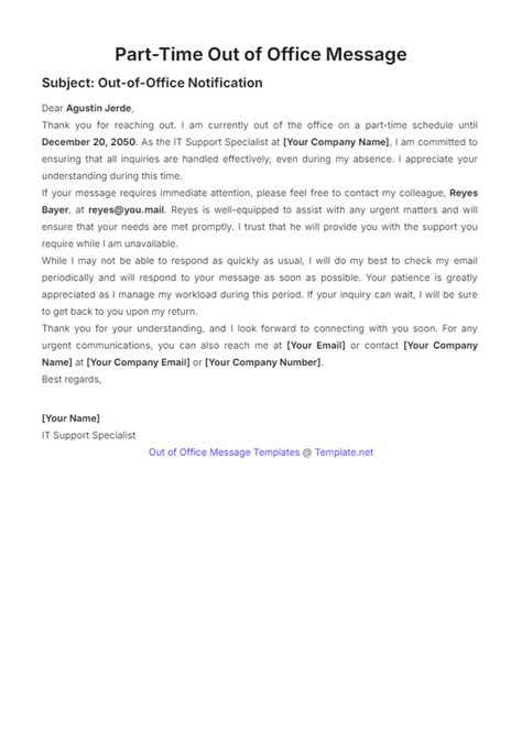Free Part-Time Out of Office Message Template to Edit Online