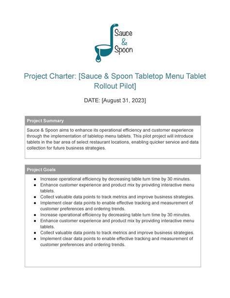 Project Charter - Sample - Project Charter: [Sauce & Spoon Tabletop ...