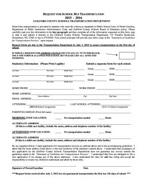 Fillable Online REQUEST FOR SCHOOL BUS TRANSPORTATION 2015 2016 Fax ...