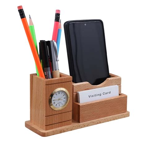GreenGoodies Wooden Pen Holder & Stationery Organizer Stand with Clock ...