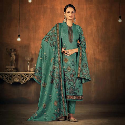 Sea Green Printed With Swarovski Work Pashmina Salwar Suit