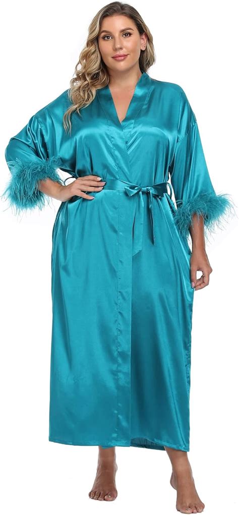 Buy MissNina Women's Satin Kimono Robe with Ostrich Feather Trim Silk ...