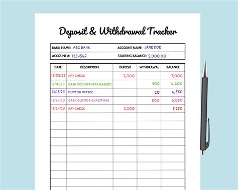 Deposit & Withdrawal Tracker Printable Bank Account Ledger PDF ...