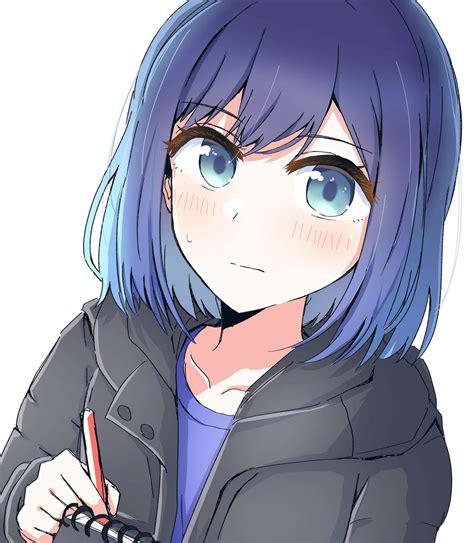 Download Blue Haired Anime Girlwith Notebook Wallpaper | Wallpapers.com
