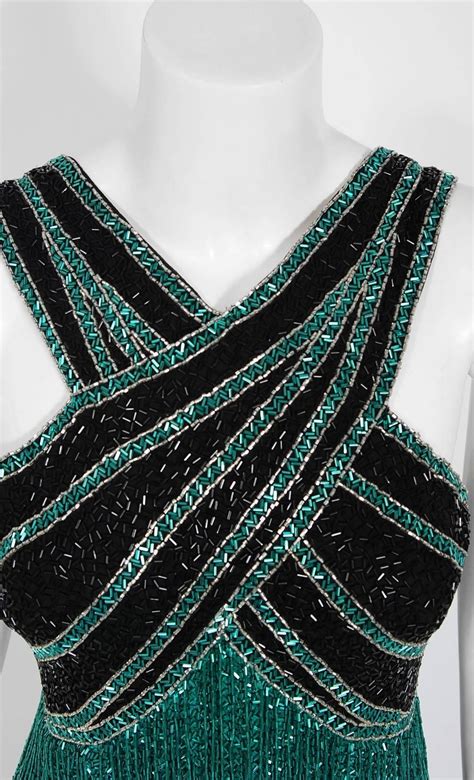 1991 Bob Mackie Couture Documented Teal Black Beaded Flapper Fringe ...