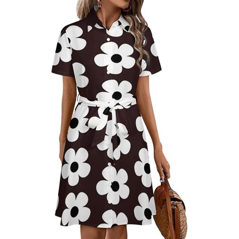 Black And White Floral Design Womens Shirt Dresses Women'S Short Sleeve ...