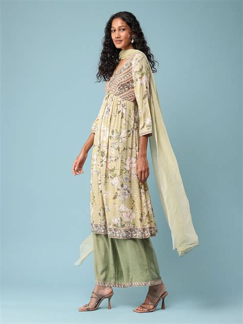 Buy Green Floral Print Suit Set Online - Aarke International Store View