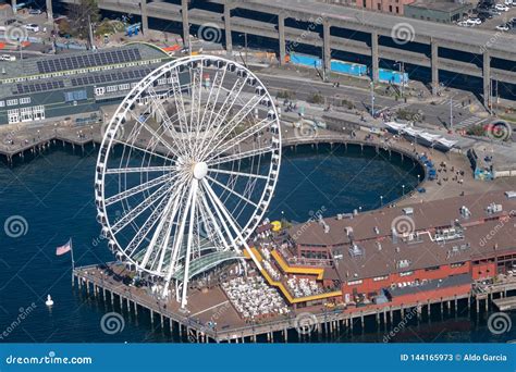 Seattle Ferris Wheel from the Air Editorial Stock Photo - Image of ...