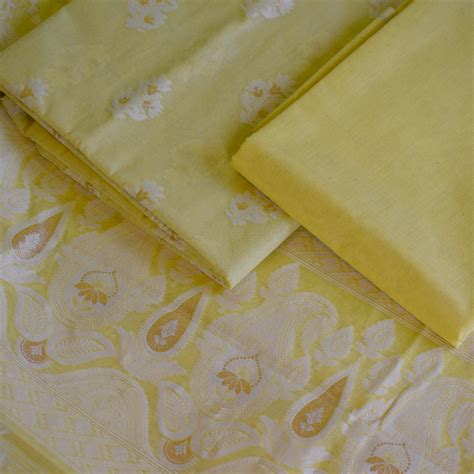 Yellow Chanderi Jamdani Banarasi Suit Set with Paisley & Floral Zari W ...