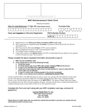 MSF Reimbursement Claim Form - Honda Powersports - Fill and Sign ...