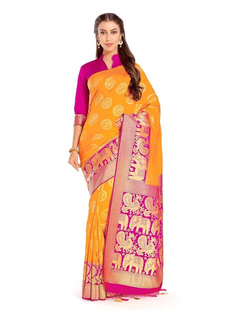 MIMOSA Women Art Silk Wedding Saree Kanjivarm Pattu Style With Contrast ...
