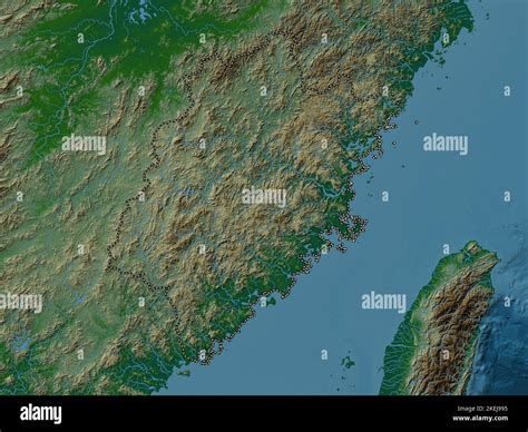 Fujian, province of China. Colored elevation map with lakes and rivers Stock Photo - Alamy