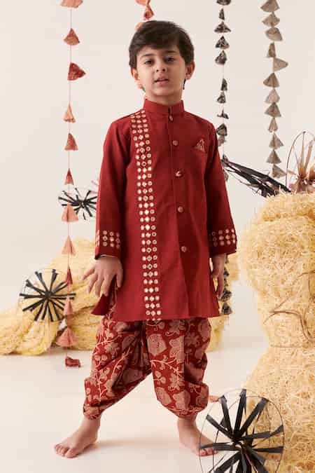 Buy Maroon Cotton Mirrors Embroidered Kurta And Dhoti Pant Set For Boys ...