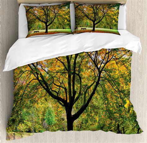 Ambesonne Fall Duvet Cover Set, Autumn Park Leaves Nature, Calking ...